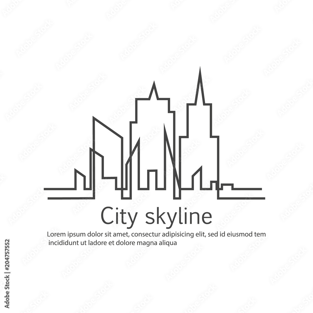 Silhouette of the city in a flat style. Modern urban landscape. Vector illustrations. City skyscrapers building office horizon.Continuous line drawing