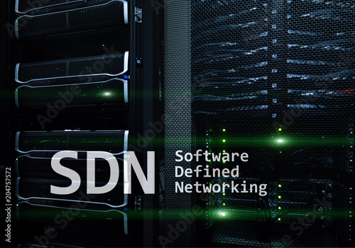 SDN, Software defined networking concept on modern server room background.?