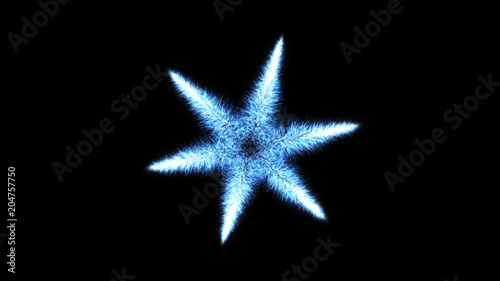 Snowflake appears on the black background. Christmas and New Year Holidays backdrop. Winter themed abstract particle illustration of ice patterns. VFX design element. 4K ultra HD