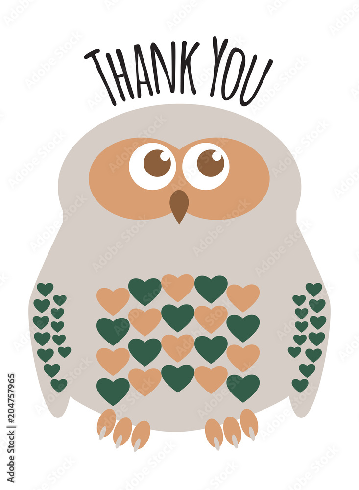 Obraz premium Owl cute character with hearts for feathers greeting card with text 
