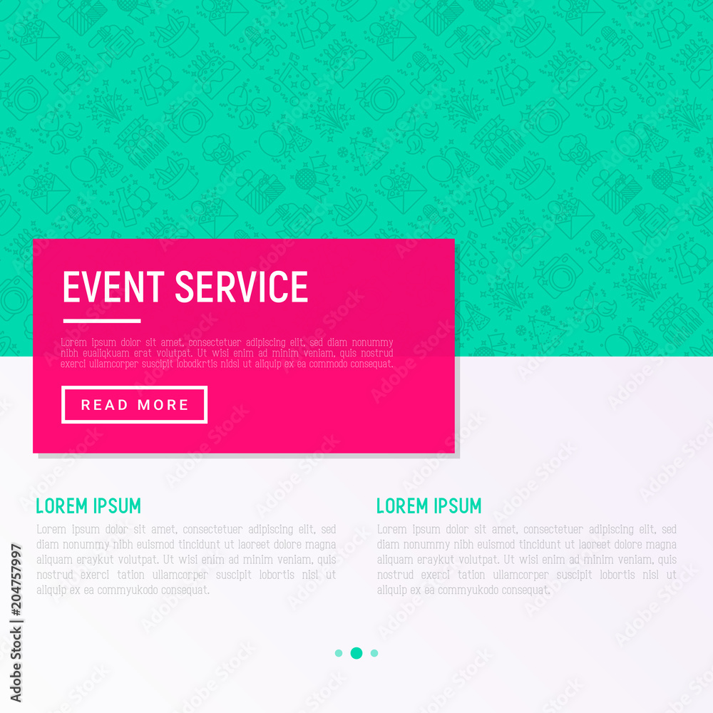 Obraz premium Event services concept with thin line icons: kids party, gifts, birthday, magician, clown, videographer, party invitation, corporate, fireworks, celebration. Vector illustration, print media template.
