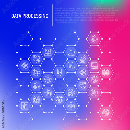 Data processing concept in honeycombs with thin line icons: data science, filtering, deep learning, mobile syncing, big data, modeling API, usage, tracking, cloud database. Modern vector illustration.