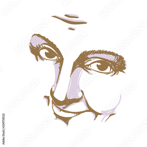 Artistic illustration of lady face, delicate visage features. Eyes and lips of a woman feeling sorry about something, portrait of naive blameworthy girl isolated on white.