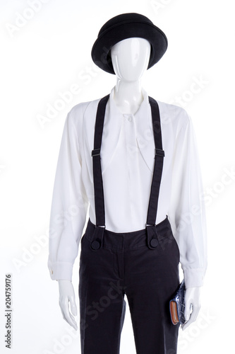 Wallpaper Mural Black hat, suspenders and wallet. Female mannequin with white blouse and black trousers with braces. Women clothing and accessories. Torontodigital.ca