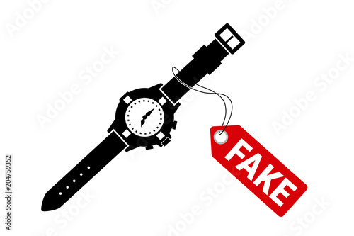 Fake and counterfeit luxurious watch. Illegal copy of original branded wristwatch is sold by seller in the shop and retail. Cheap replica and imitation of product. Vector illustration