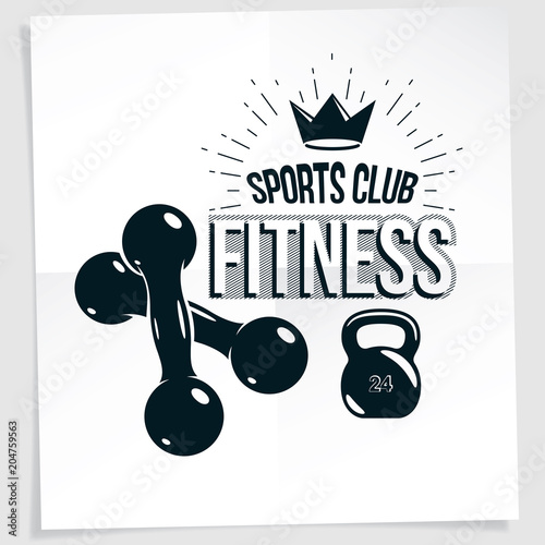 Cross fit motivation vector poster made using two dumbbells crossed and kettle bell sport fitness equipment.