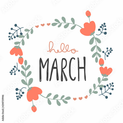 Hello March cute flower wreath vector illustration doodle style