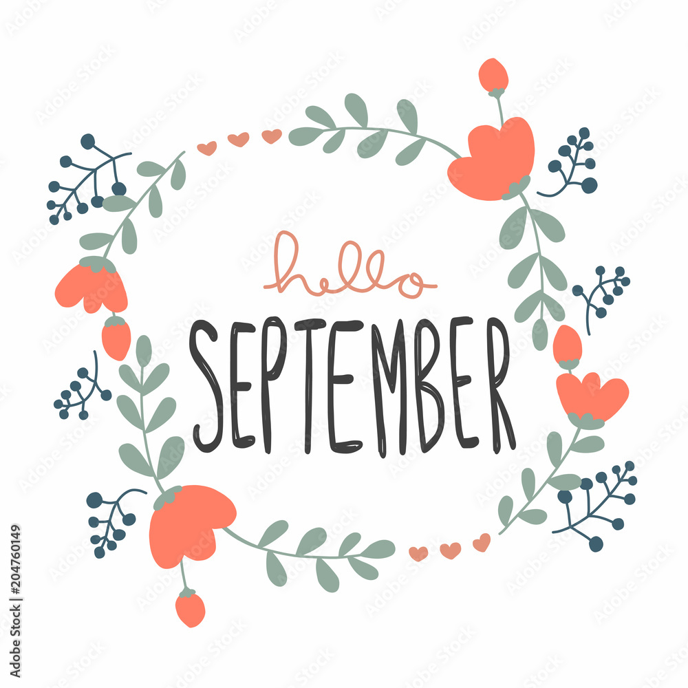 Hello September cute flower wreath vector illustration doodle style