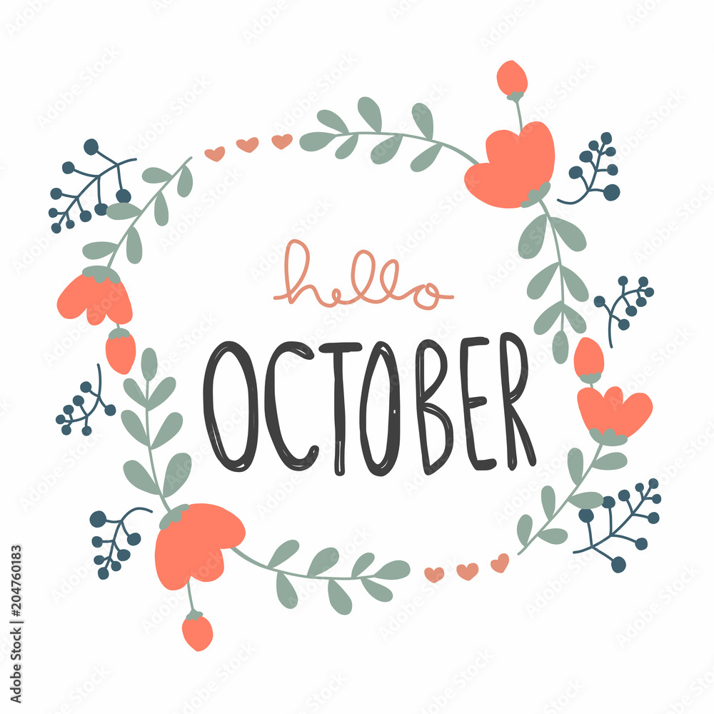 Hello October cute flower wreath vector illustration doodle style Adobe Stock