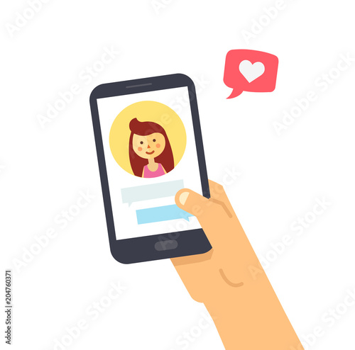 Male hand holding smartphone with girlfriend on screen. Vector phone and social networking. Phone and push notifications. Like from social media.