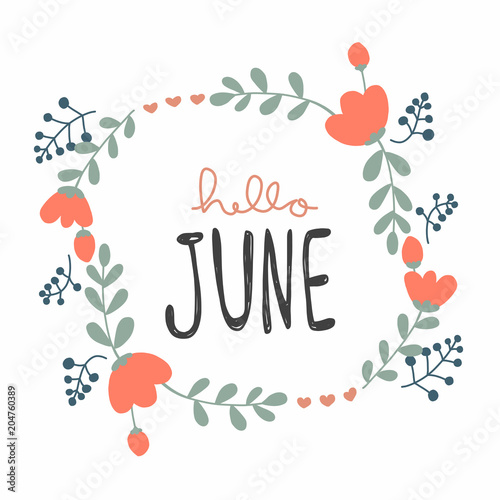 Hello June cute flower wreath vector illustration doodle style