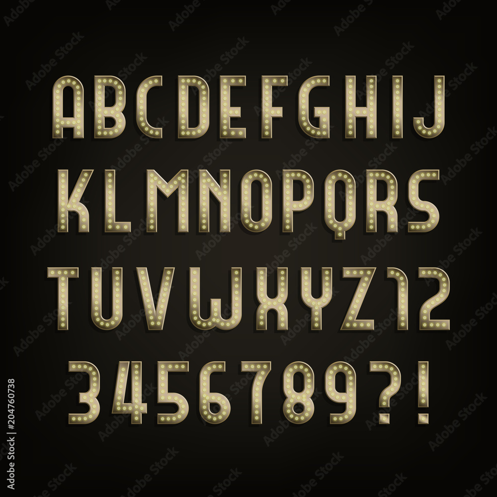 Retro sign alphabet. Vintage light bulb type letters and numbers on dark background. Signboard vector font for any typography design.