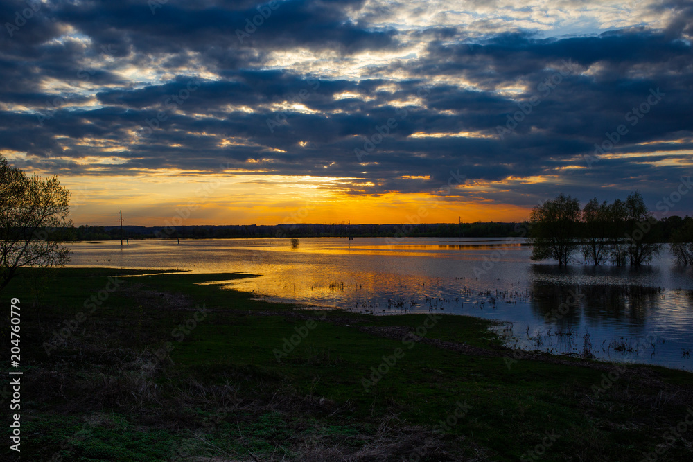 Sunset on the river with three trees on Desna river in spring, Ukraine.