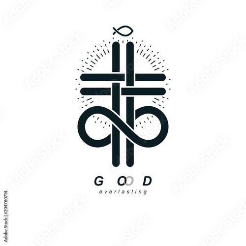 Immortal God conceptual symbol combined with infinity loop sign and Christian Cross, vector creative logo.
