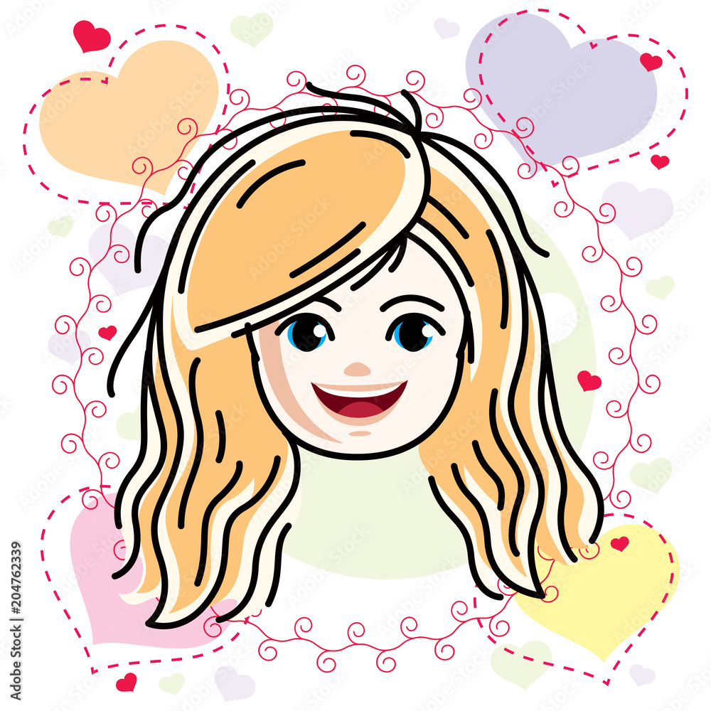 Cute girls face, human head. Vector blonde character, smiling girl face features. Cute girls face, human head. Vector blonde character, smiling girl face features.
