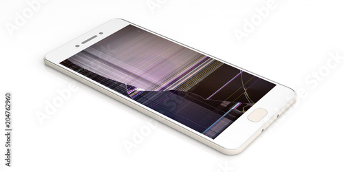 Smartphone with broken screen isolated on white background. 3d illustration