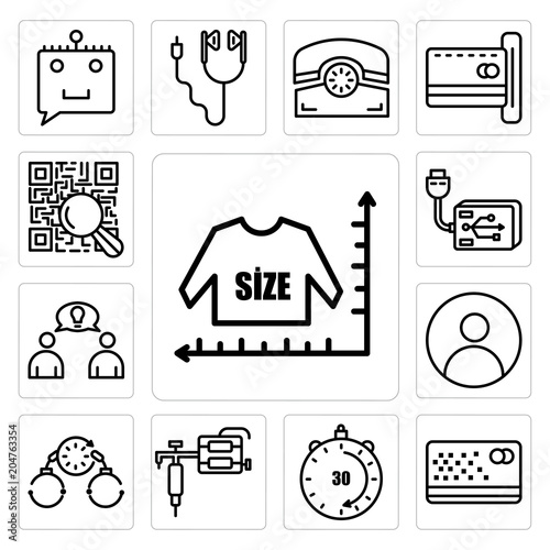 Set of size chart, punch card, 30 minutes, tattoo gun, bail, profile pic, founder, external hard drive, qr scanner icons