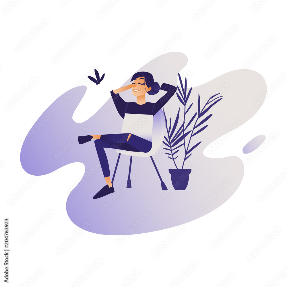 Relaxed young smiling woman enjoying rest sitting on chair. Calm beautiful  girl relaxing and meditating with closed eyes in leisure time. Isolated  cartoon vector illustration. Stock Vector | Adobe Stock