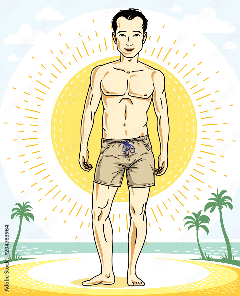 Handsome brunet man standing on tropical beach and wearing beachwear shorts. Vector human illustration. Summer vacation theme.