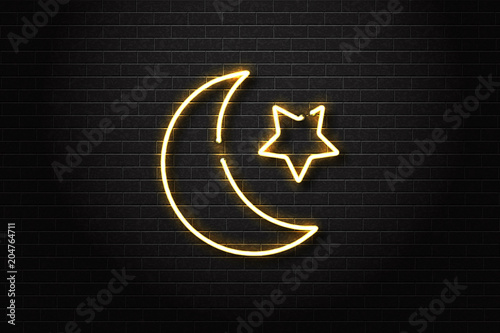 Vector realistic isolated neon sign of Ramadan Kareem moon for decoration and covering on the wall background. Concept of Happy Ramadan Kareem.
