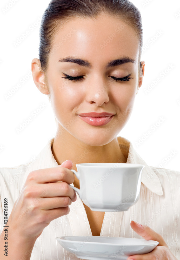 Young happy woman with cup of coffee, isolated Young happy woman with cup of coffee, isolated