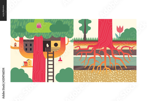 Simple things - color - flat cartoon vector illustration of houses, tree house, tree roots growing into the soil, blooming flower and nature - colour composition