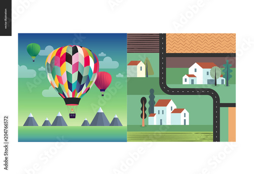 Simple things - color - flat cartoon vector illustration of hot air balloons above mountains, top view of out-of-town street, country houses, trees, fields, asphalt back road- colour composition