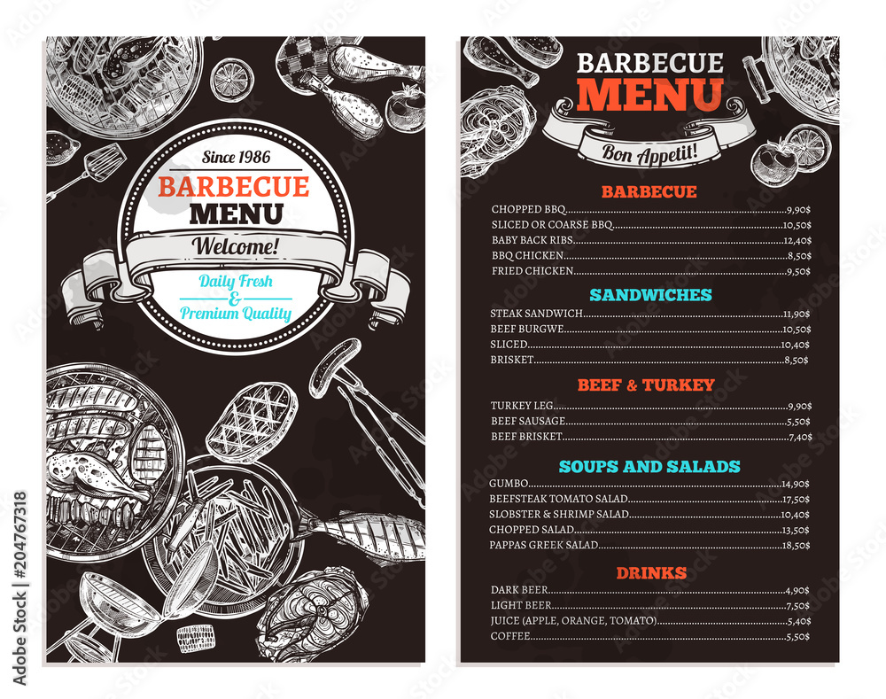 Vettoriale Stock Bbq Grill Restaurant Food Menu Design. Barbecue Café  Brochure On Chalkboard | Adobe Stock