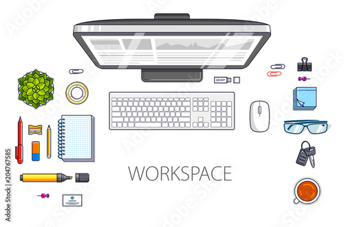 Work desk workspace top view with PC computer and a lot of different stationery objects on table isolated, look above. All elements are easy to use separately or recompose the illustration. Vector.