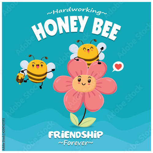 Vintage Insect poster design with vector honey bee & flower character.