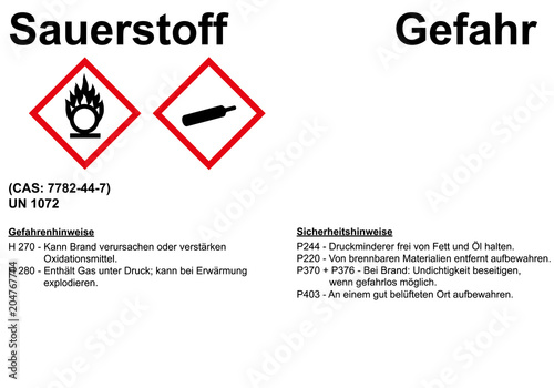 Sauerstoff Sicherheitskennzeichen Gefahrenkennzeichen nach REACH und GHS