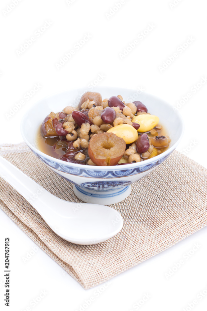 kind of Chinese dessert name taotheung in bowl isolated on white background. Dessert in the summer for healthy. kind of Chinese dessert name taotheung in bowl isolated on white background. Dessert in the summer for healthy.