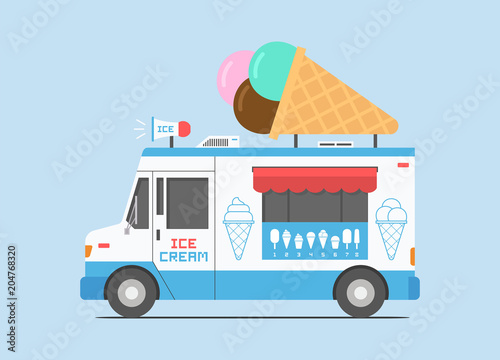 Ice Cream Truck, mobile shop. flat style. isolated on blue background