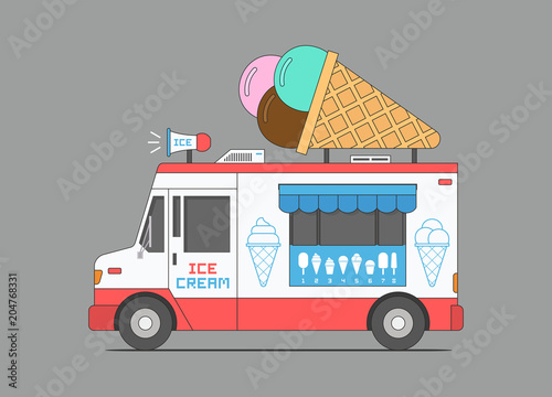 Ice Cream Truck, mobile shop. flat style. isolated on black background
