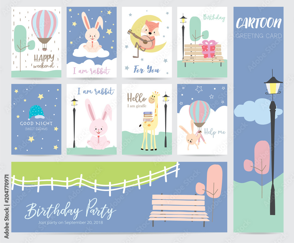Fototapeta premium Green blue pastel greeting card with balloon, rabbit,fox,giraffe,moon,star,gift,bench and cloud
