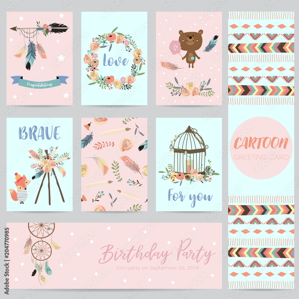 Pink,blue cards for banners,Flyers,Placards with feather,bear,wild,wreath and cage Pink,blue cards for banners,Flyers,Placards with feather,bear,wild,wreath and cage