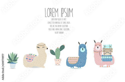 cute pastel greeting card with llama and cactus in scandinavian stlye