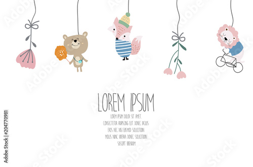 cute pastel greeting card with bear,fox,flower and cactus in scandinavian stlye