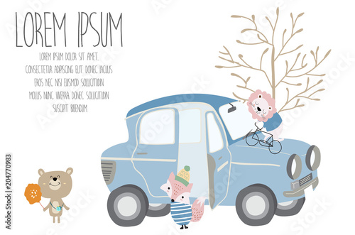 cute pastel greeting card with car,bear,fox,lion and tree