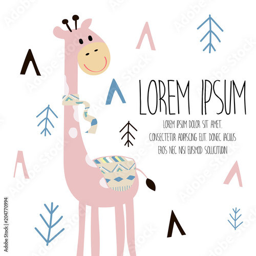 cute pastel greeting card with giraffe in scandinavian style