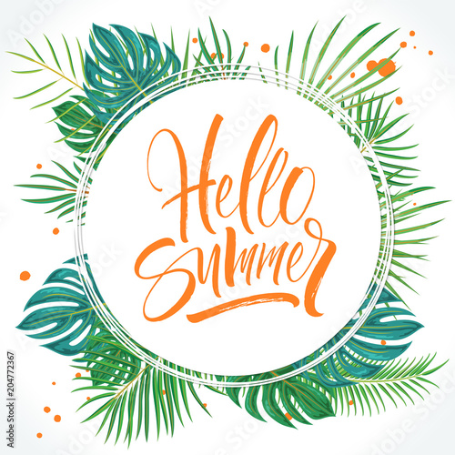 Hello Summer lettering on tropical palm leaves floral background. Brush painted letters, template for banner, flyer or gift card. Modern calligraphy, vector illustration photo