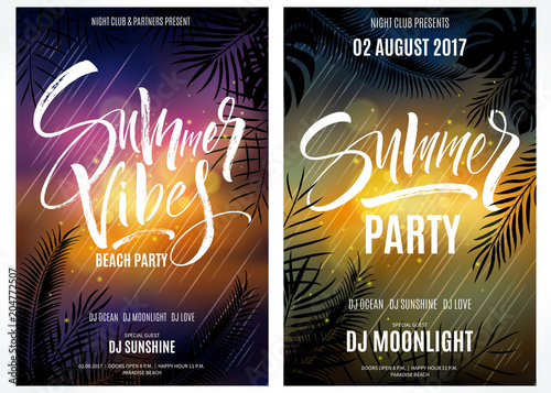 Summer Vibes Beach Party posters in sunset colors with exotic tropical leaves design. Modern calligraphy, hand lettering. Vector illustration