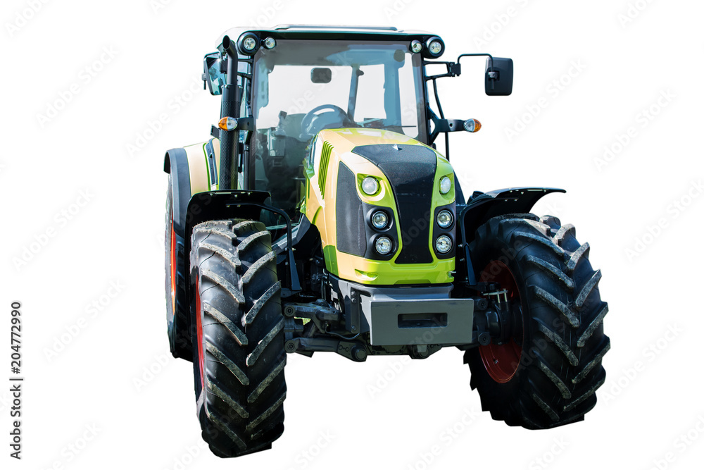 Obraz premium New and modern green agricultural generic tractor isolated on white background 