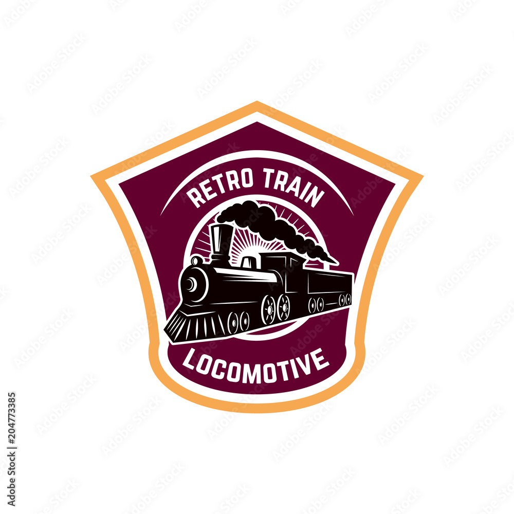 Obraz premium Emblem template with retro train. Rail road. Locomotive. Design element for logo, label, emblem, sign.
