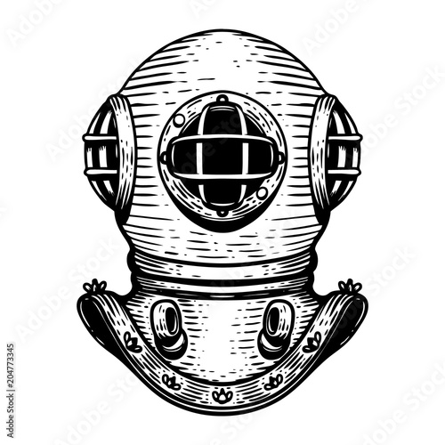 Hand drawn retro style diver helmet illustration on white background. Design elements for logo, label, emblem, sign, badge.