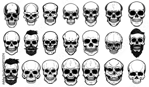 Set of human skull illustrations on white background. Design element for label, emblem, sign,logo, poster. photo