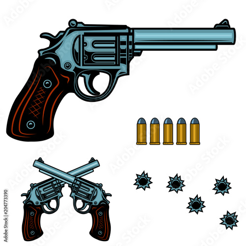 Revolver colorful illustration. Gun bullets and holes. Design element for poster, emblem, sign, banner.