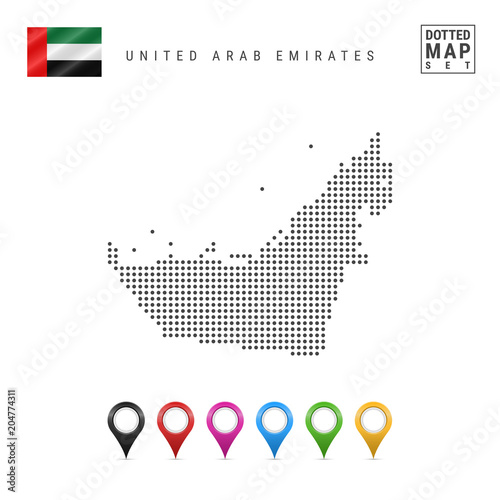 Vector Dotted Map of United Arab Emirates. United Arab Emirates Silhouette. United Arab Emirates Flag. Map Markers Set