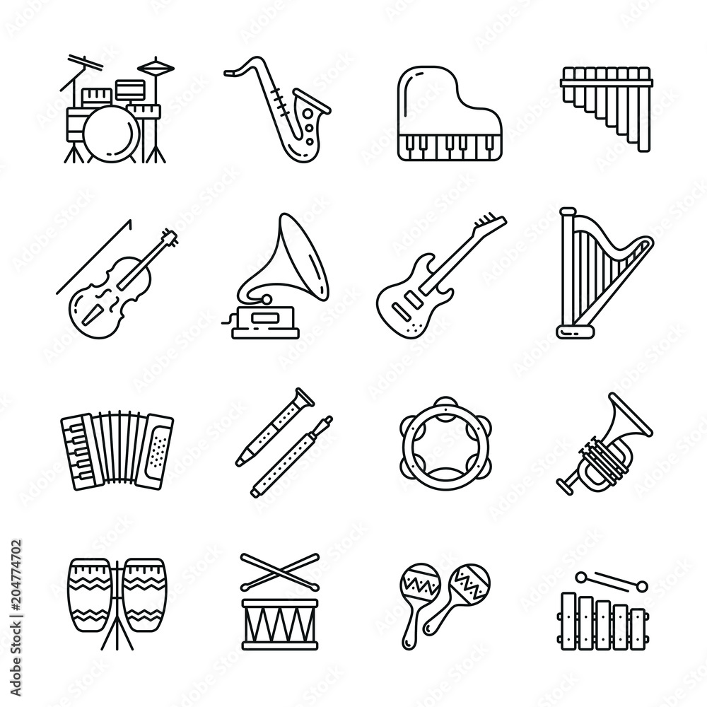 Fototapeta Musical instruments: thin monochrome icon set, black and white kit