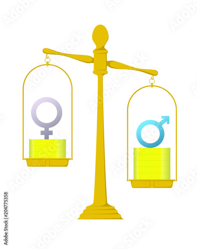 Wage difference between men and women represented by a scale where the symbol of the woman is over less coins and the symbol of the man on more coins. White isolated.